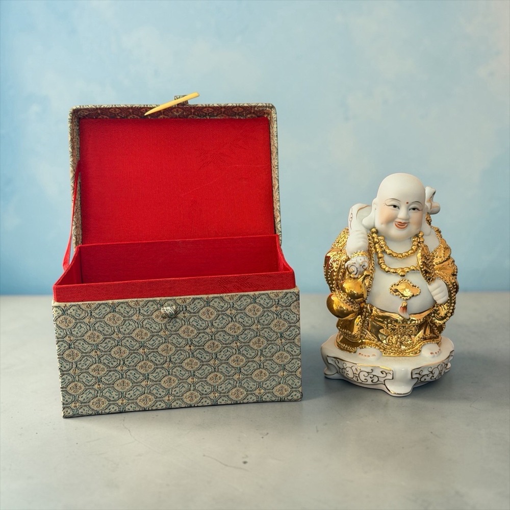 Vintage Gold Gilt Hand Painted Porcelain HOTEI LAUGHING BUDDHA On Pedestel W/Box
